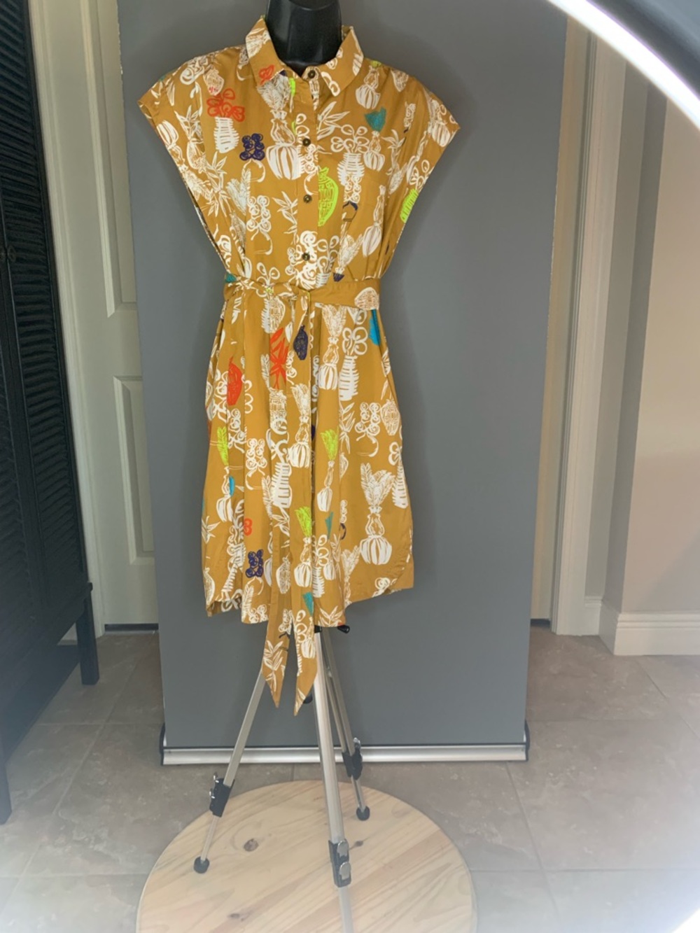Maeve Mustard Floral Button-Front Tie-Waist Dress
